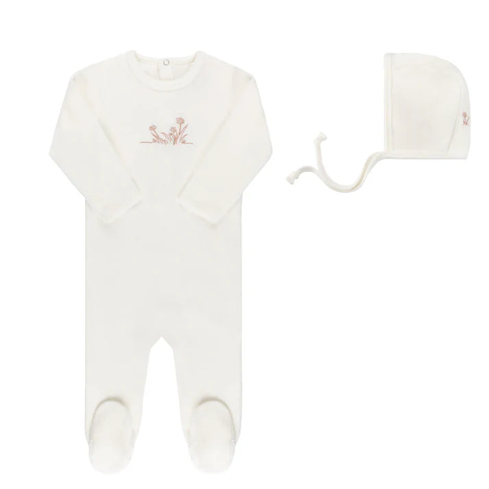 Velour Embroidered Flowers/Balloons Footie & Bonnet