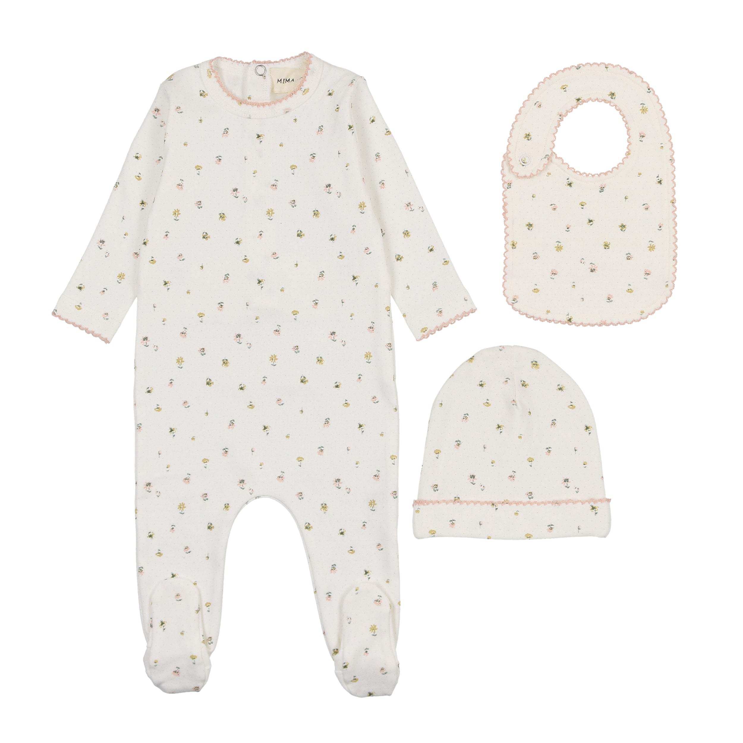 Polka Dot Floral Print Footie + Beanie + Bib
