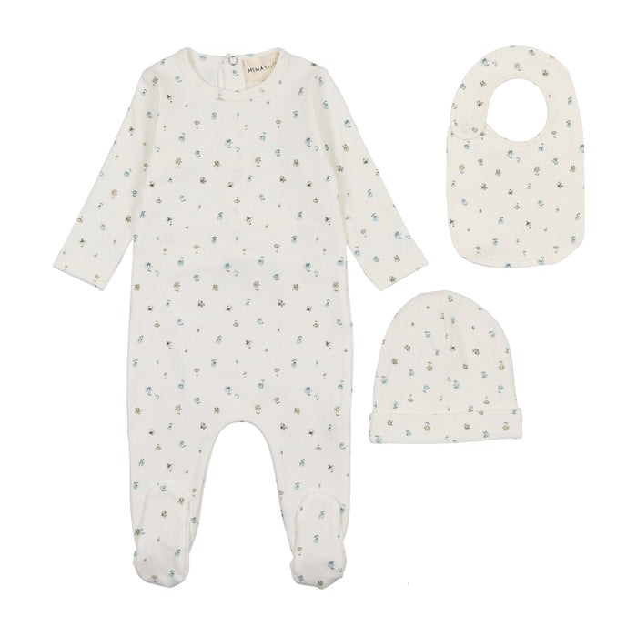 Polka Dot Floral Print Footie + Beanie + Bib