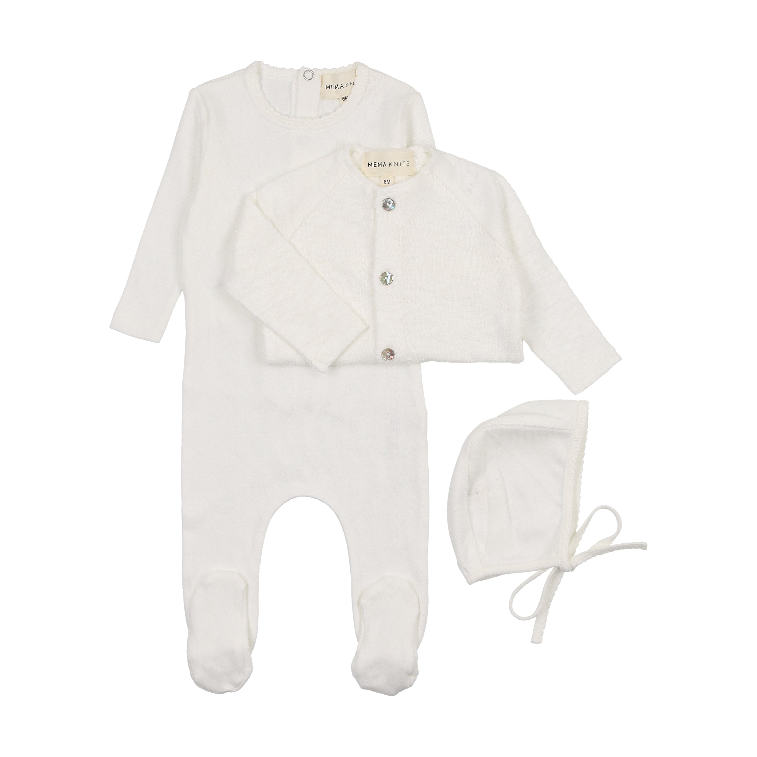 Pointelle Footie + Slub Cardigan + Beanie