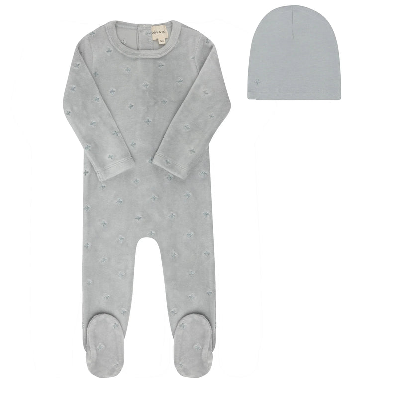 Velour Embroidered Floral Collection - Footie & Hat