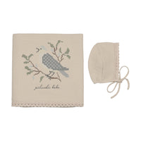 Birds Cross Stitch Knit Blanket & Bonnet