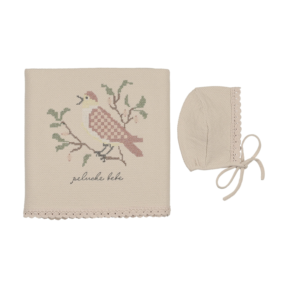 Birds Cross Stitch Knit Blanket & Bonnet
