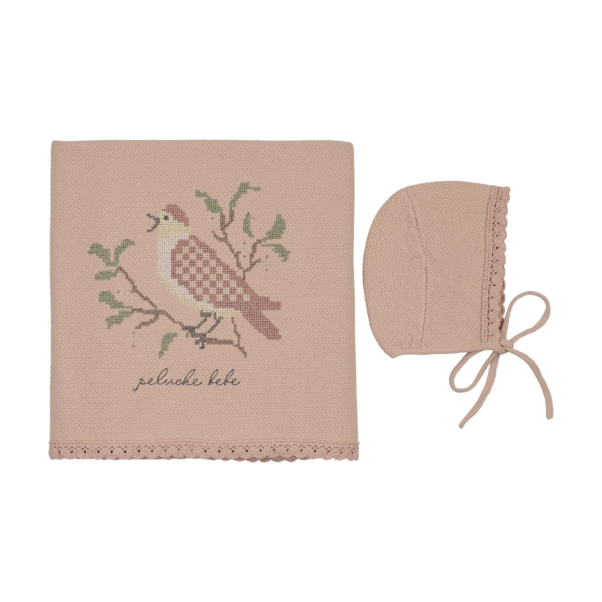 Birds Cross Stitch Knit Blanket & Bonnet