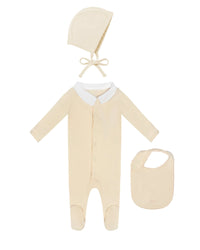 Pointelle Collar Footie + Hat + Bib
