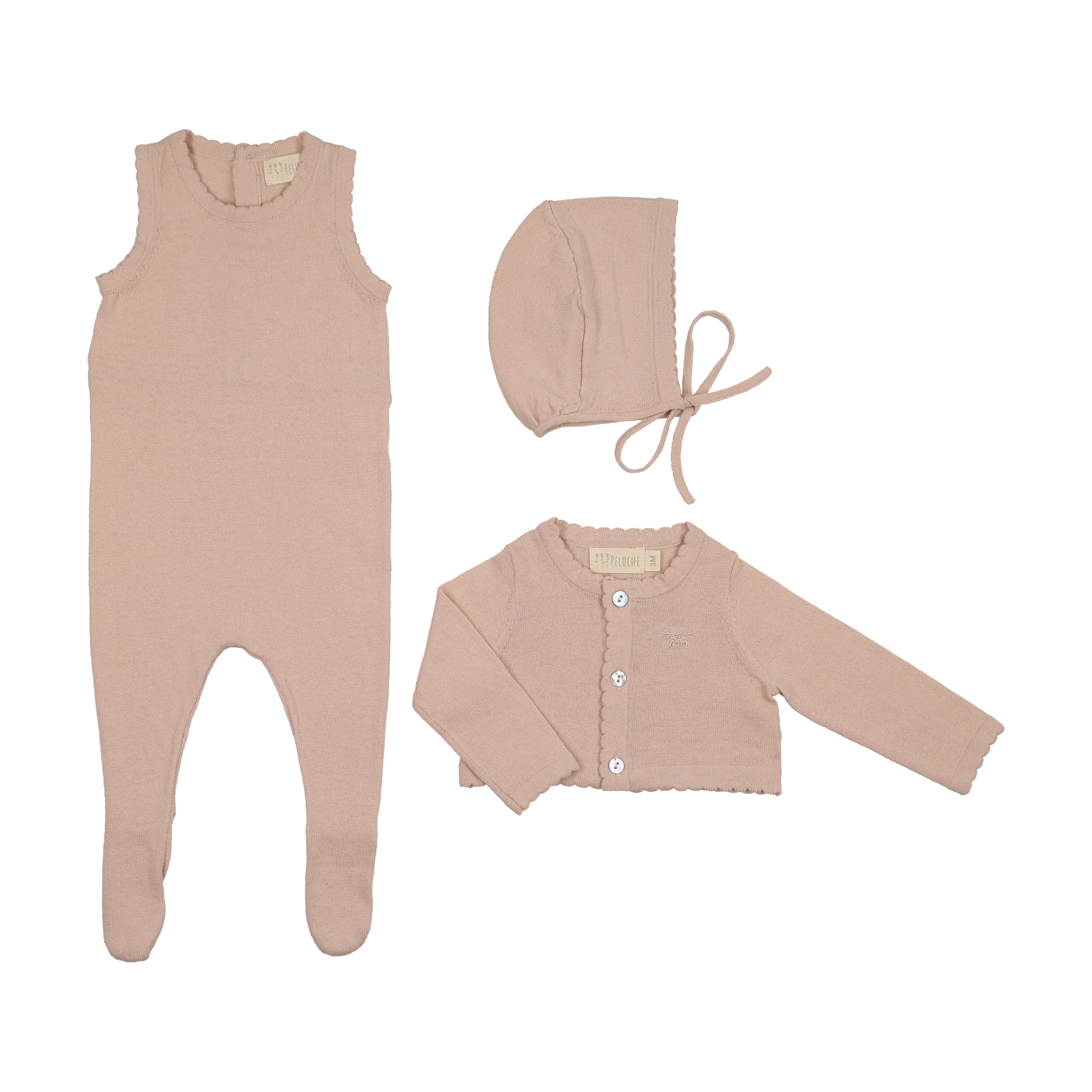 Knit Jumpsuit With Cropped Cardigan & Bonnet