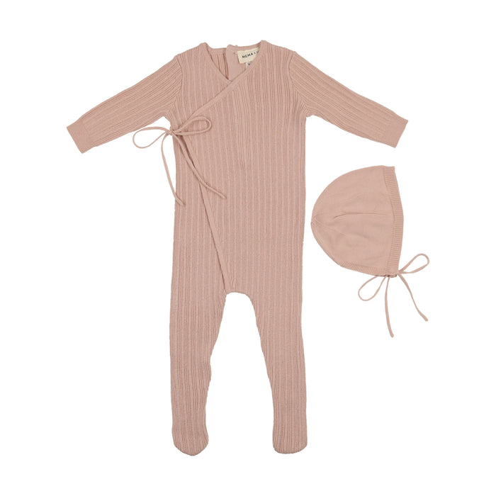 Mema Knits Mock Wrap Footie + Bonnet - Pink Tint Mema Knits Mock Wrap Footie + Bonnet - Pink Tint