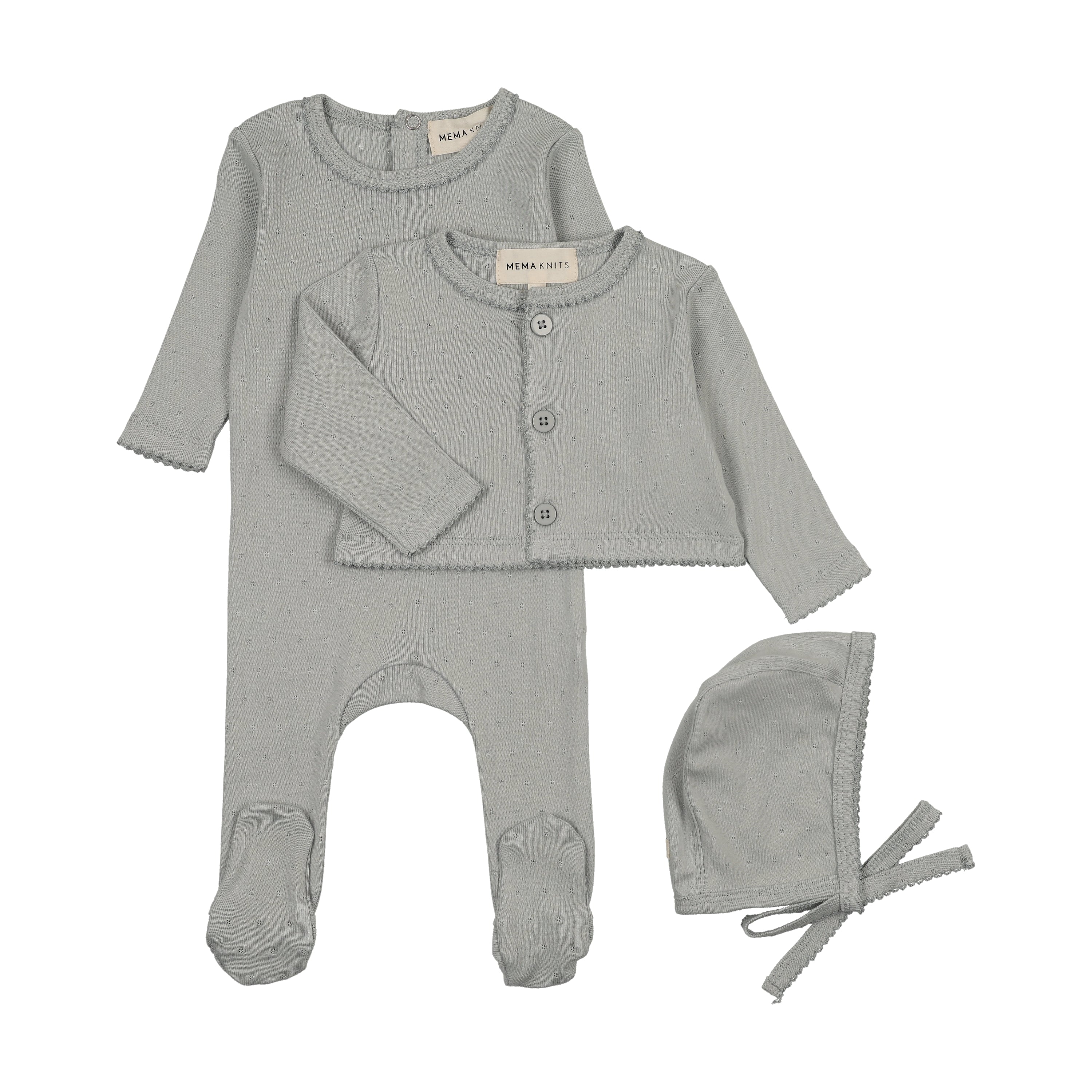 Pointelle Footie & Cardigan Set & hat