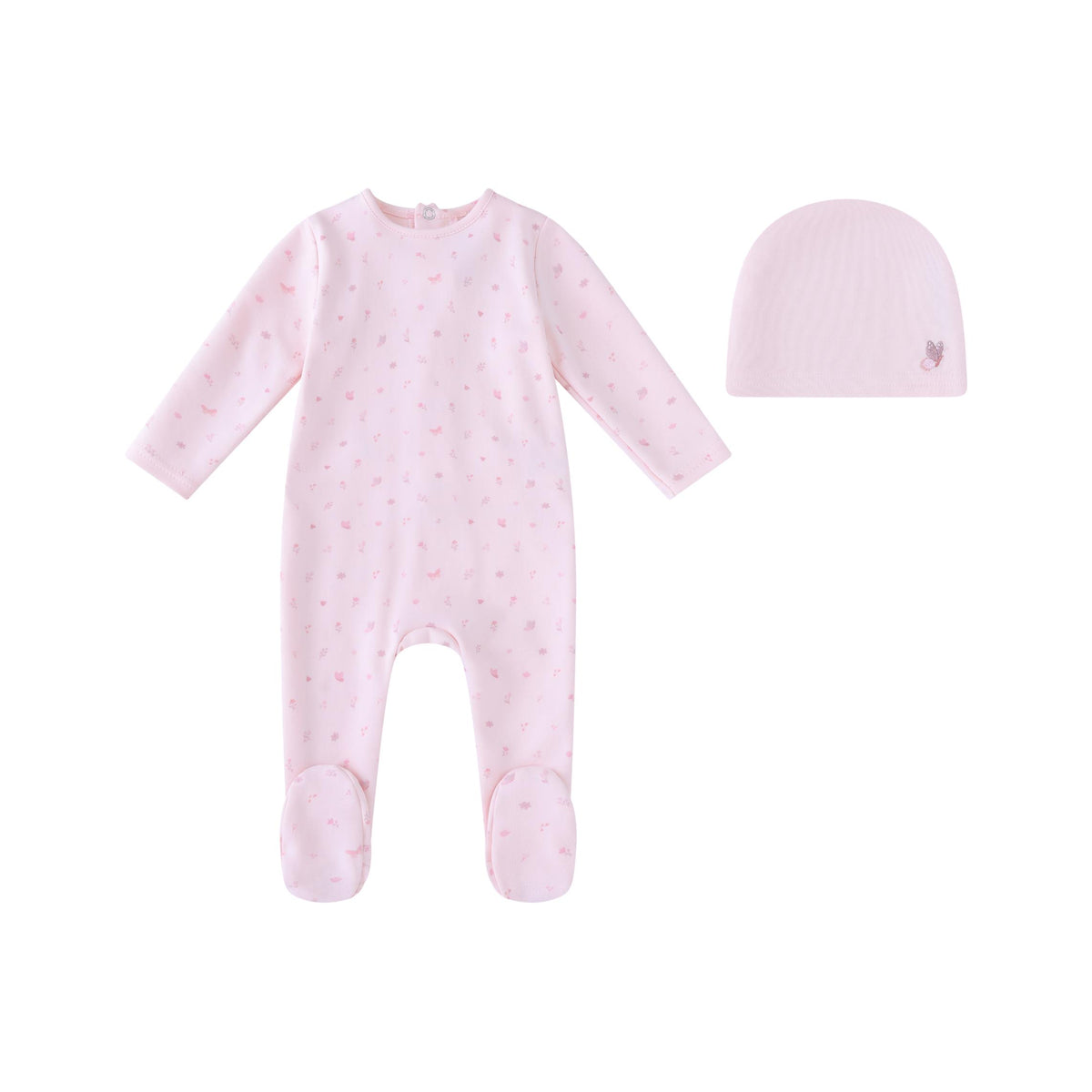 Butterfly/Birds Over Print Footie & Hat
