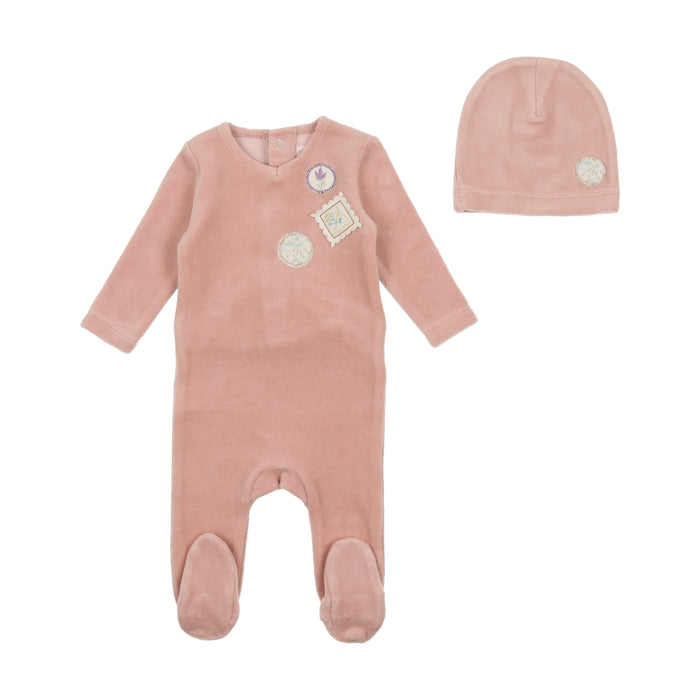 Stamp Applique Velour Footie & Hat